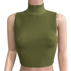 Babaton Aritiza NWOT Olive Green Ribbed TankTop Mock Neck Sleeveless Size Medium
